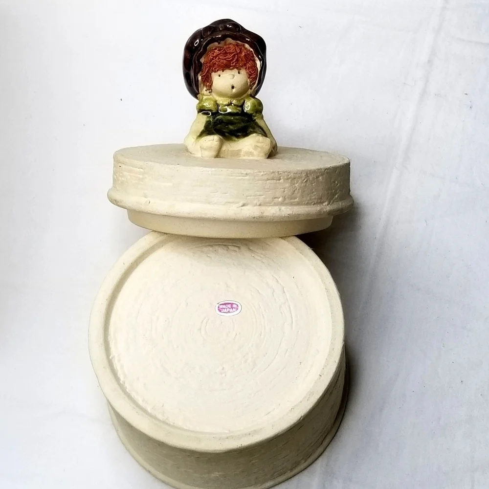 Vintage Unique Stoneware Round Textured Trinket With Girl Figurine on the Lid